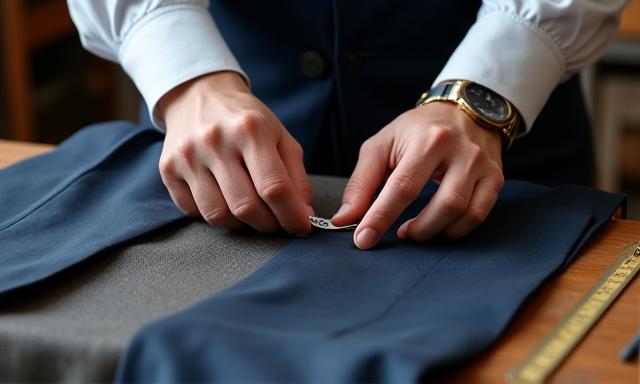 Schneider misst Stoff für maßgeschneiderte Kleidung