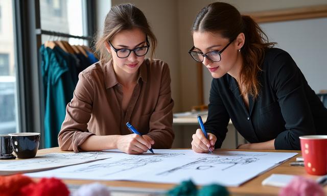 Zwei Modedesigner besprechen Skizzen und Stoffproben