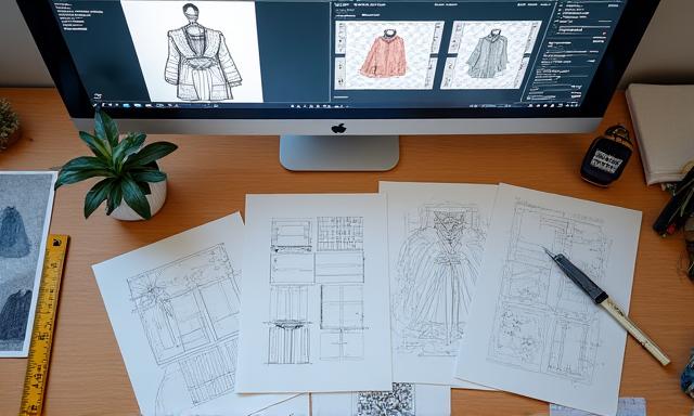 Designerdarstellung von Schnittmustern auf einem Bildschirm und auf Papier