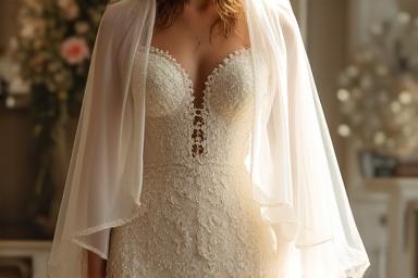 Opulentes Hochzeitskleid mit Spitze und Stickereien.